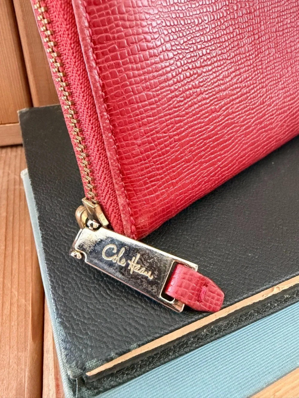 Cole Haan Red Leather Zip Around Wallet Organizer Gold Hardware
